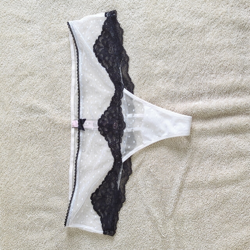 Dream Angels Lace-Trim Dotted Mesh Hipster Thong Panty - Black and White